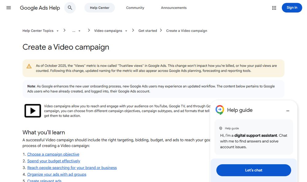 Google Ads Helpの動画キャンペーン作成ページのファーストビュー