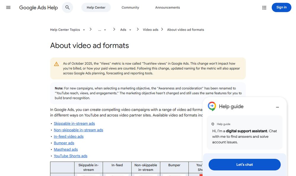 Google Ads Helpの動画広告形式ページのファーストビュー
