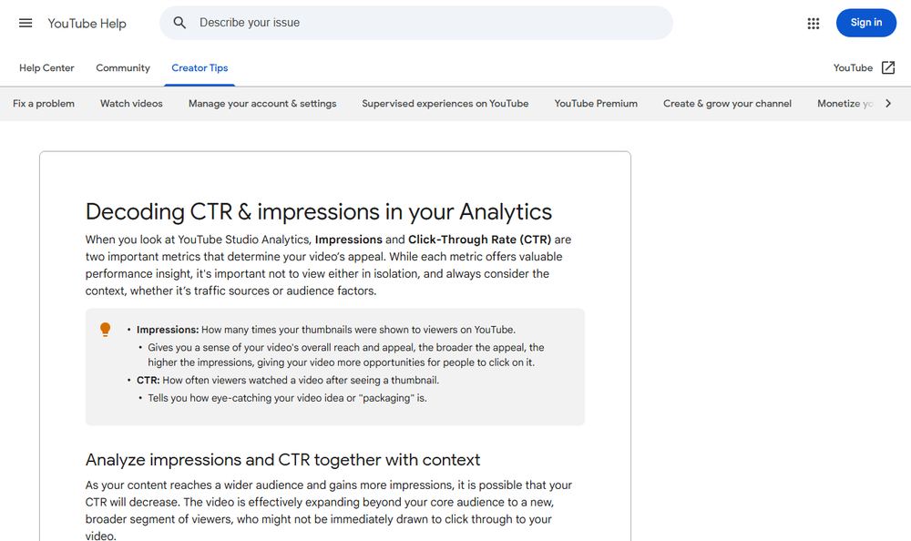 YouTube HelpのCTRとインプレッション解説ページのファーストビュー