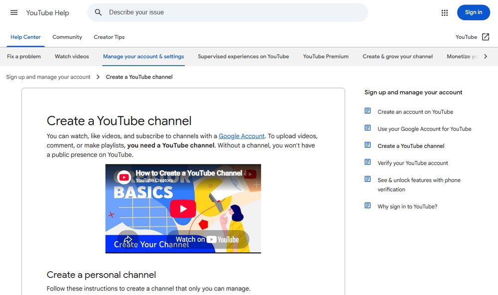 YouTube Helpのチャンネル作成ページのファーストビュー