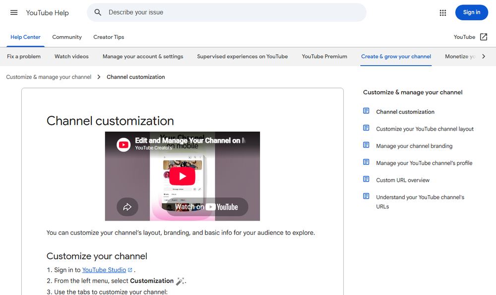 YouTube Helpのチャンネルカスタマイズページのファーストビュー