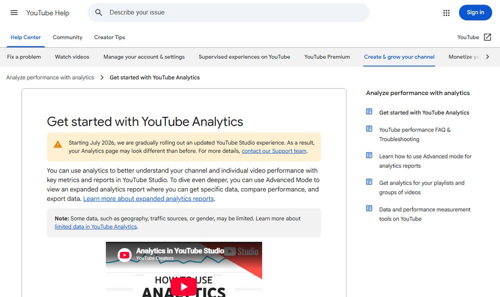 YouTube HelpのYouTube Analytics入門ページのファーストビュー