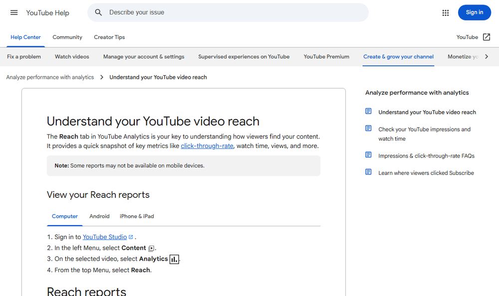 YouTube Helpの動画リーチ解説ページのファーストビュー