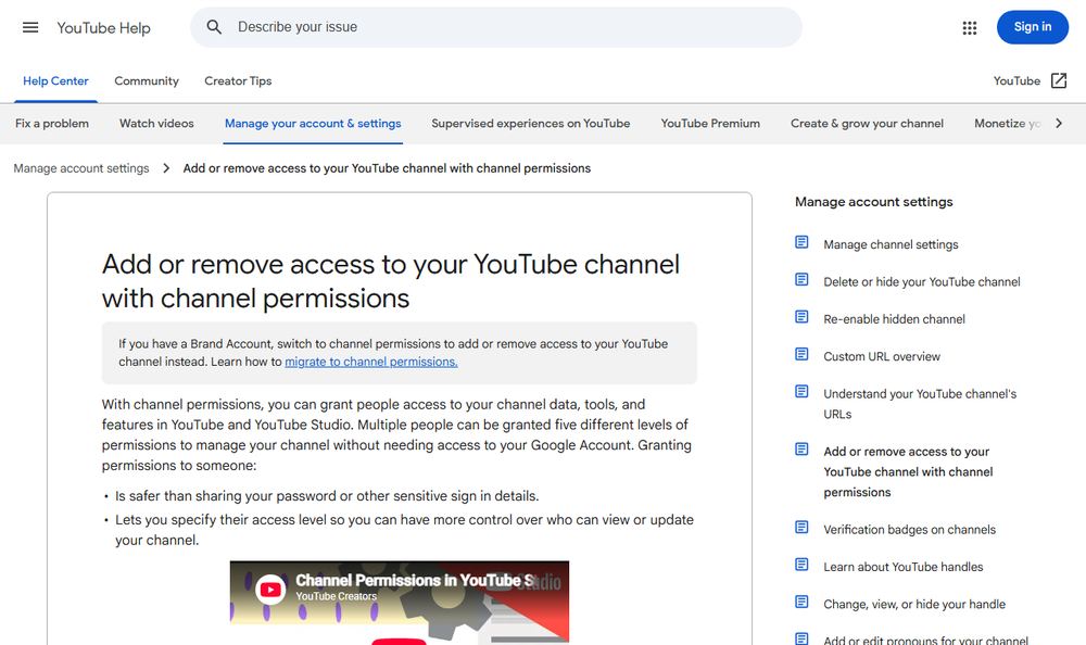 YouTube Helpのチャンネル権限ページのファーストビュー