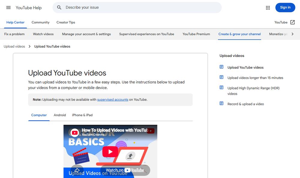 YouTube Helpの動画アップロード解説ページのファーストビュー