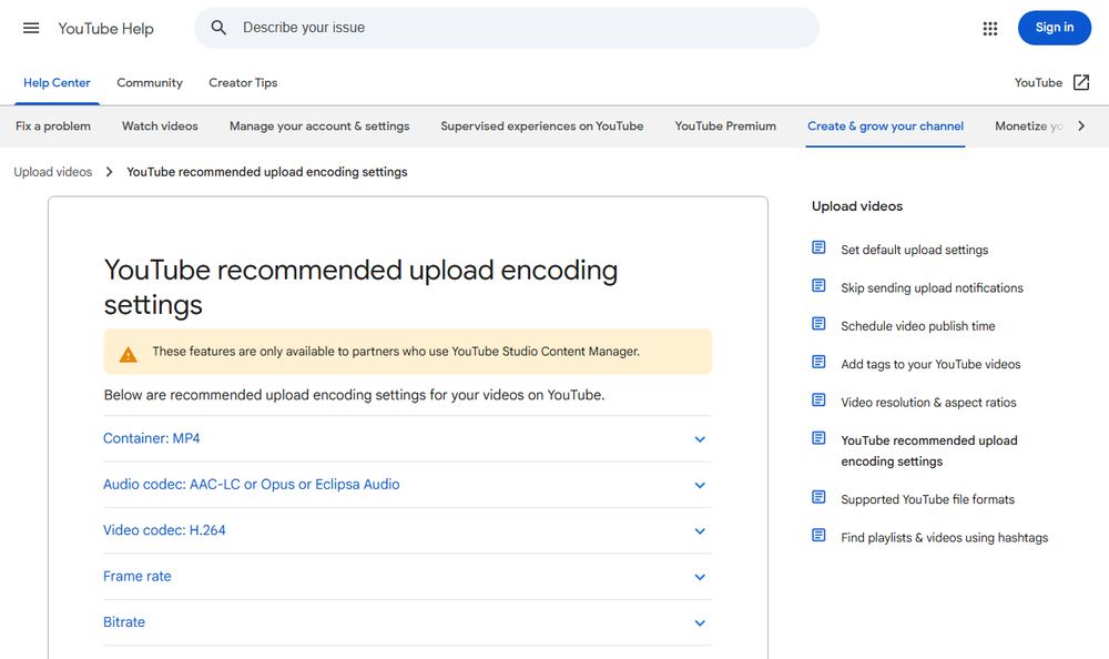 YouTube Helpの推奨アップロードエンコード設定ページのファーストビュー