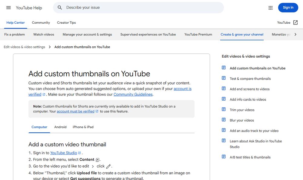 YouTube Helpのカスタムサムネイル解説ページのファーストビュー