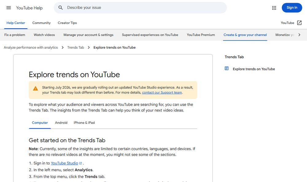 YouTube HelpのTrendsタブ解説ページのファーストビュー