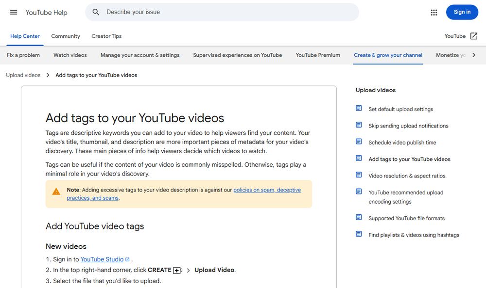 YouTube Helpの動画タグ解説ページのファーストビュー