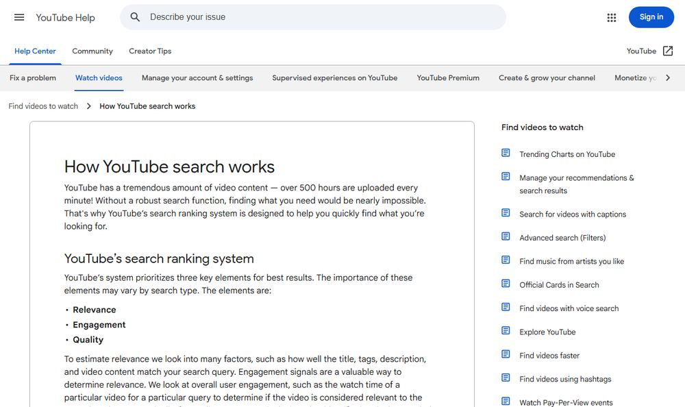 YouTube HelpのYouTube検索の仕組み解説ページのファーストビュー