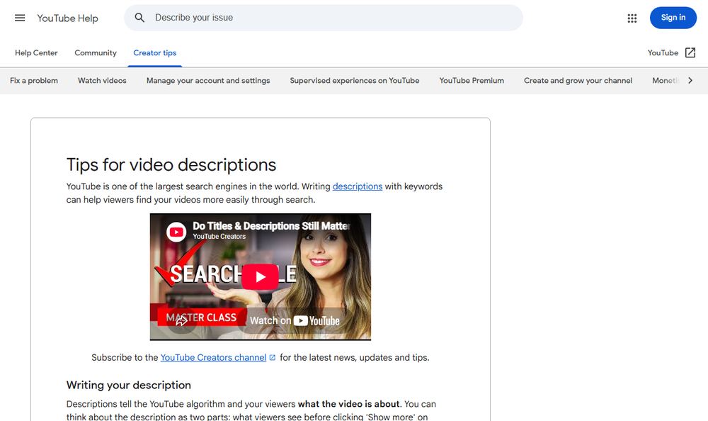 YouTube Helpの動画説明Tipsページのファーストビュー