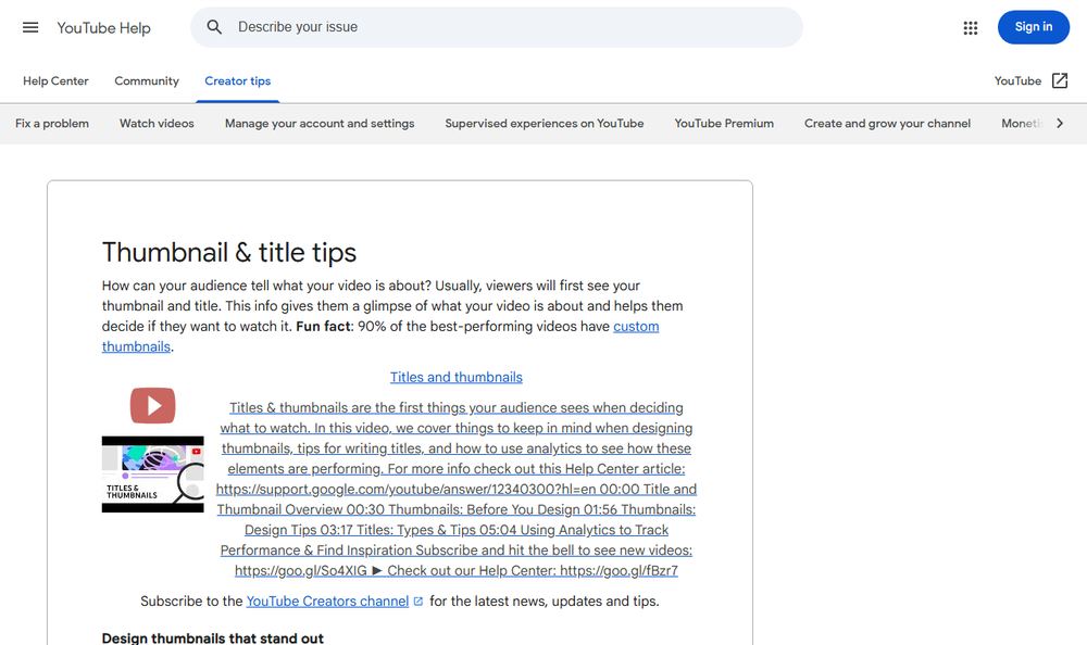 YouTube HelpのタイトルとサムネイルTipsページのファーストビュー