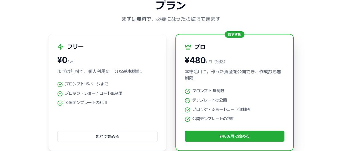 LUFT PROMPTのフリーとプロプランを並べた料金紹介画面