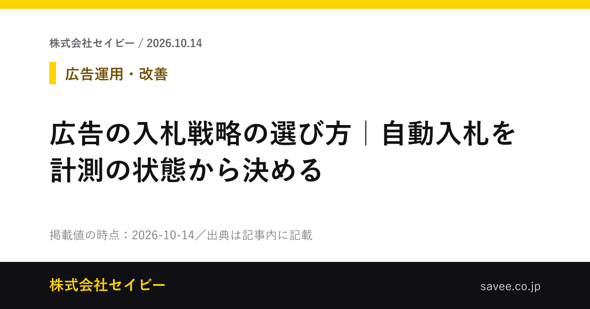 広告の入札戦略の選び方｜自動入札を計測の状態から決める（株式会社セイビーが作成したカード画像）