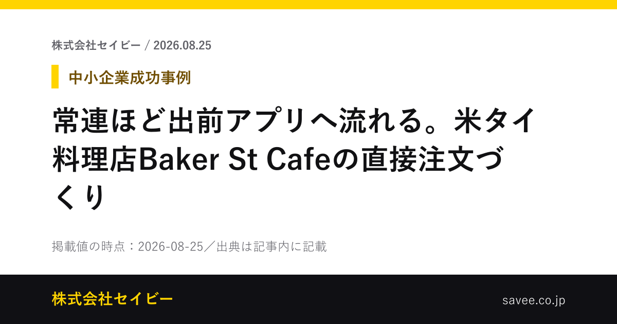 常連ほど出前アプリへ流れる。米タイ料理店Baker St Cafeの直接注文づくり（株式会社セイビーが作成したカード画像）